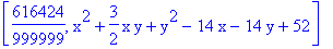 [616424/999999, x^2+3/2*x*y+y^2-14*x-14*y+52]